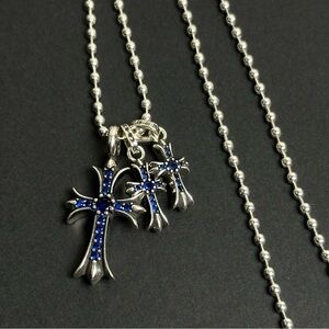 Chrome Hearts Silver Tiny Fat & 2x Baby Fat Blue CZ Necklace